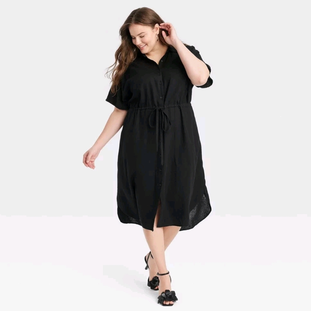 NWT Black Linen Short-Sleeve Midi Shirt Dress 4X